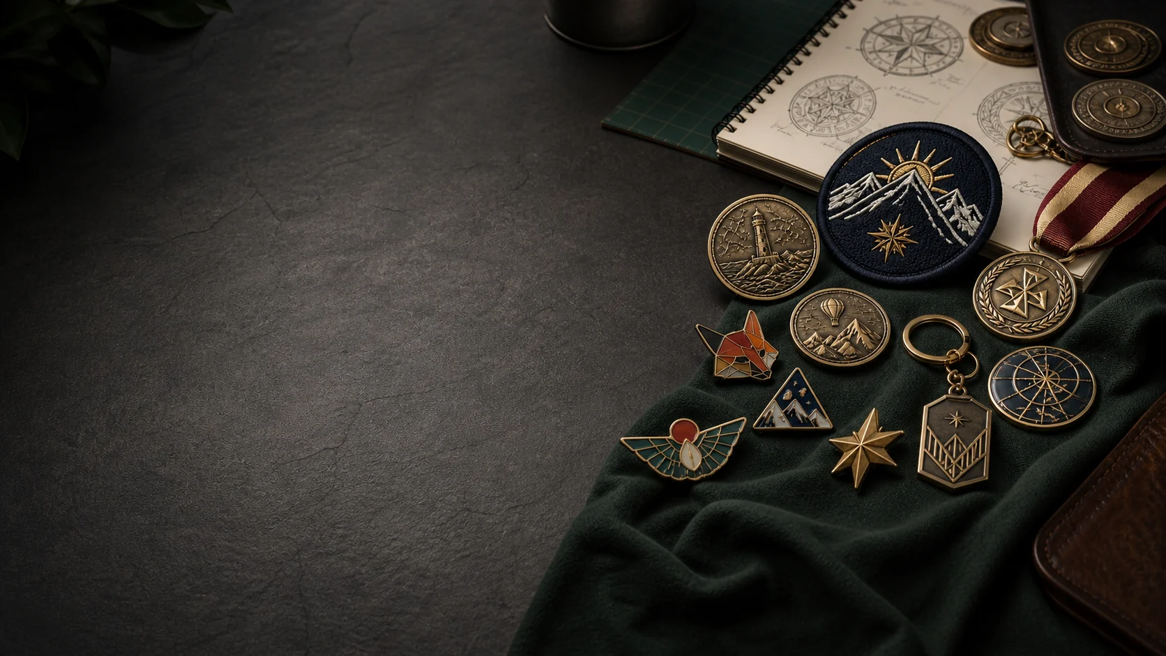 Custom coins, medals, pins and embroidered patches arranged on a design worktable